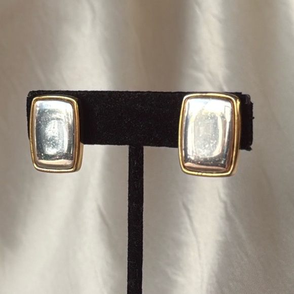 Vintage Napier Mixed Metal 2-Tone Silver Gold Rectangle Screwback Clip Earrings - Picture 1 of 16